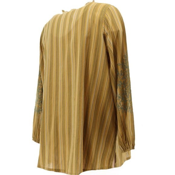 NWT LOGO BY LORI GOLDSTEIN STRIPED WOVEN EMBROIDERED BLOUSE VINTAGE GOLD MEDIUM - Picture 7 of 14
